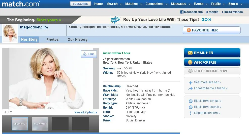 Martha Stewart dating site profile, on Match.com. (Screenshot)