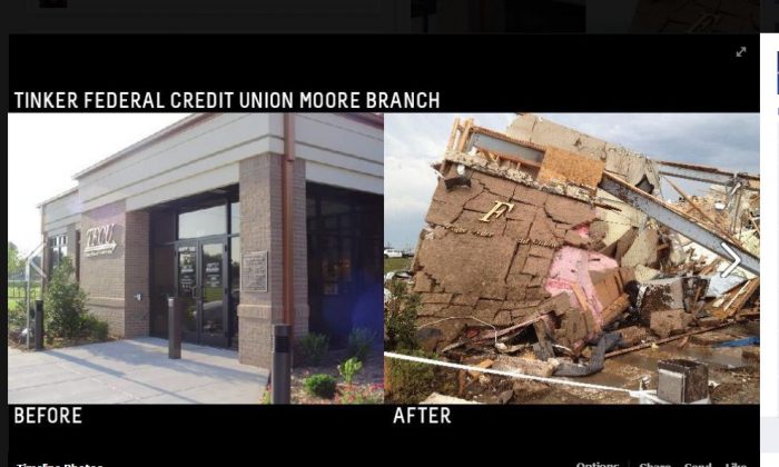 A screenshot shows Tinker Federal Credit Union after the tornado.