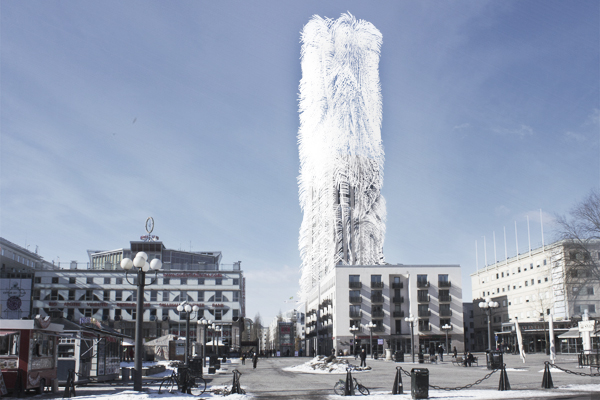 An artists impression of the proposed changes to the tower in Stockholm shows the building covered in plastic 'hairs' that generate electricity in the wind (Belatchew Arkitekter)