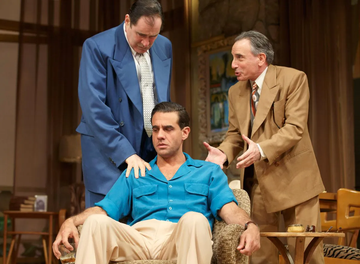 Studio head Marcus (R, Richard Kind) and fast-talking agent Nat (L, Chip Zien) try to convince movie star Charlie Castle (C, Bobby Cannavale) to sign a contract. (Joan Marcus)