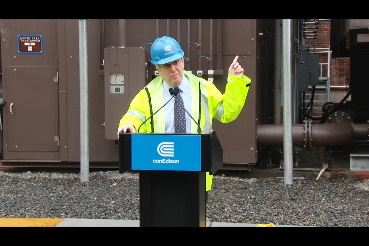Consolidated Edison Inc. CEO Kevin Burke at a newly hardened power station at East 13th Street, New York, on May 28. (NTD Television)