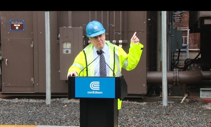 Consolidated Edison Inc. CEO Kevin Burke at a newly hardened power station at East 13th Street, New York, on May 28. (NTD Television)