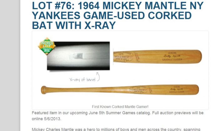 A screenshot of Grey Flannel Auctions shows the corked bat.