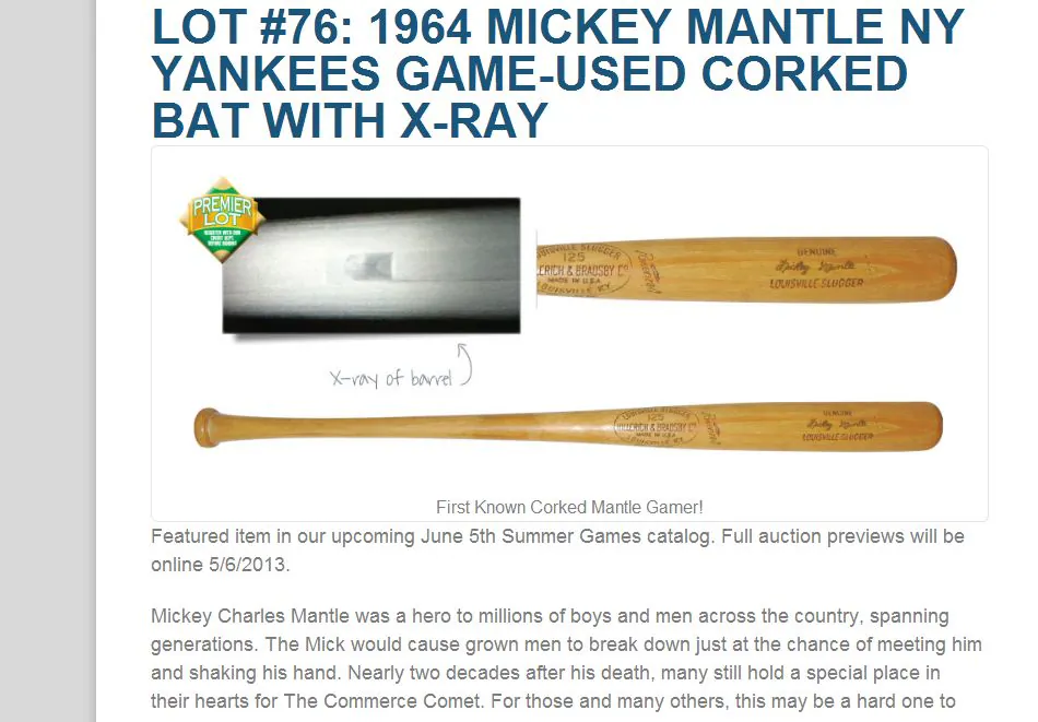 A screenshot of Grey Flannel Auctions shows the corked bat.