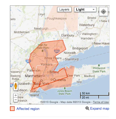 Area affected by flash flood warning in New York City on May 11, 2103. The National Weather Service issued a flood warning at 4:05 pm for New York City and Southern NY State (National Weather Service)