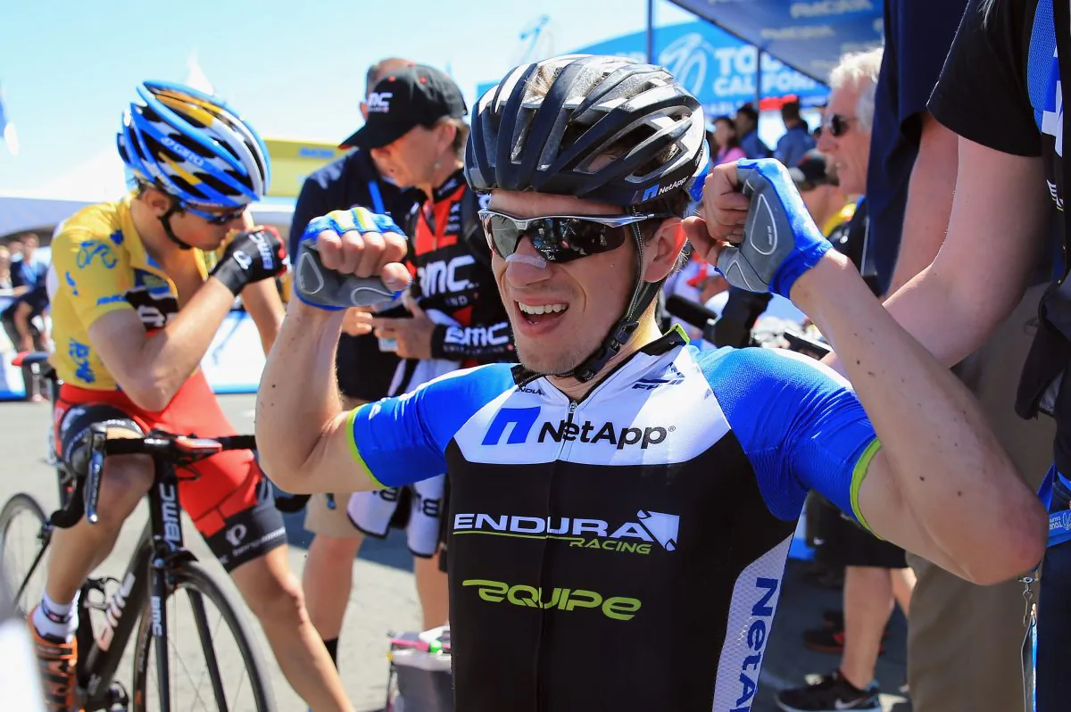 Leopold König of NettApp-Endura celebrates his victory as Tejay van Garderen of BMC Racing defended the overall race leader's yellow jersey in Stage Seven of the 2013 Amgen Tour of California from Livermore to Mount Diablo on May 18, in Clayton, California. (Doug Pensinger/Getty Images)