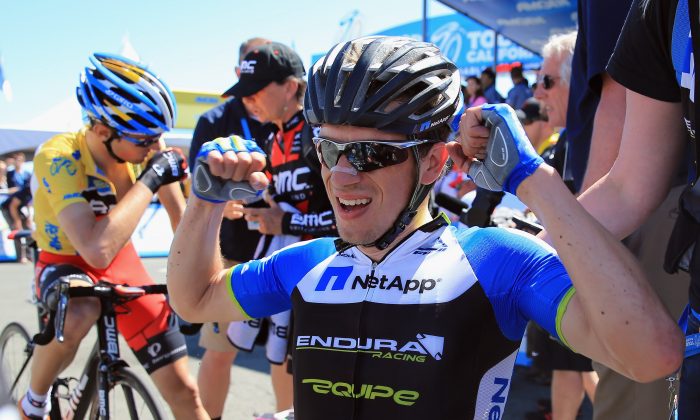 Leopold König of NettApp-Endura celebrates his victory as Tejay van Garderen of BMC Racing defended the overall race leader's yellow jersey in Stage Seven of the 2013 Amgen Tour of California from Livermore to Mount Diablo on May 18, in Clayton, California. (Doug Pensinger/Getty Images)