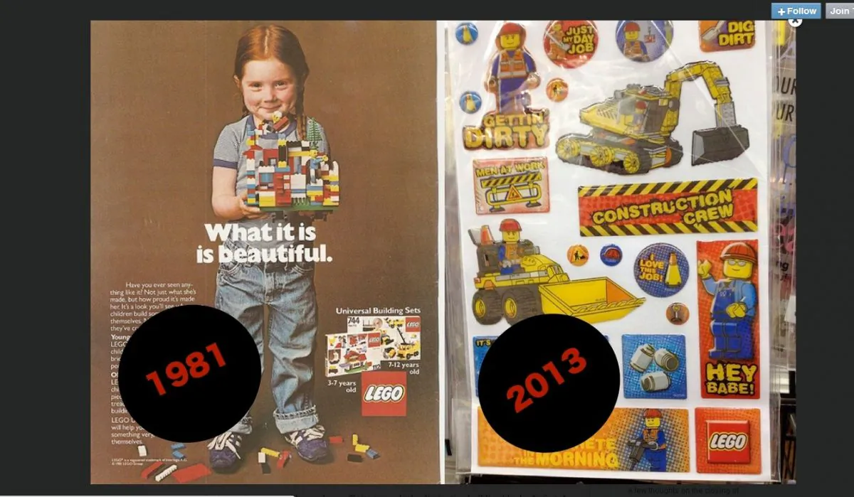 A screenshot shows Josh Stearns' Tumblr account with the Lego sticker in question.