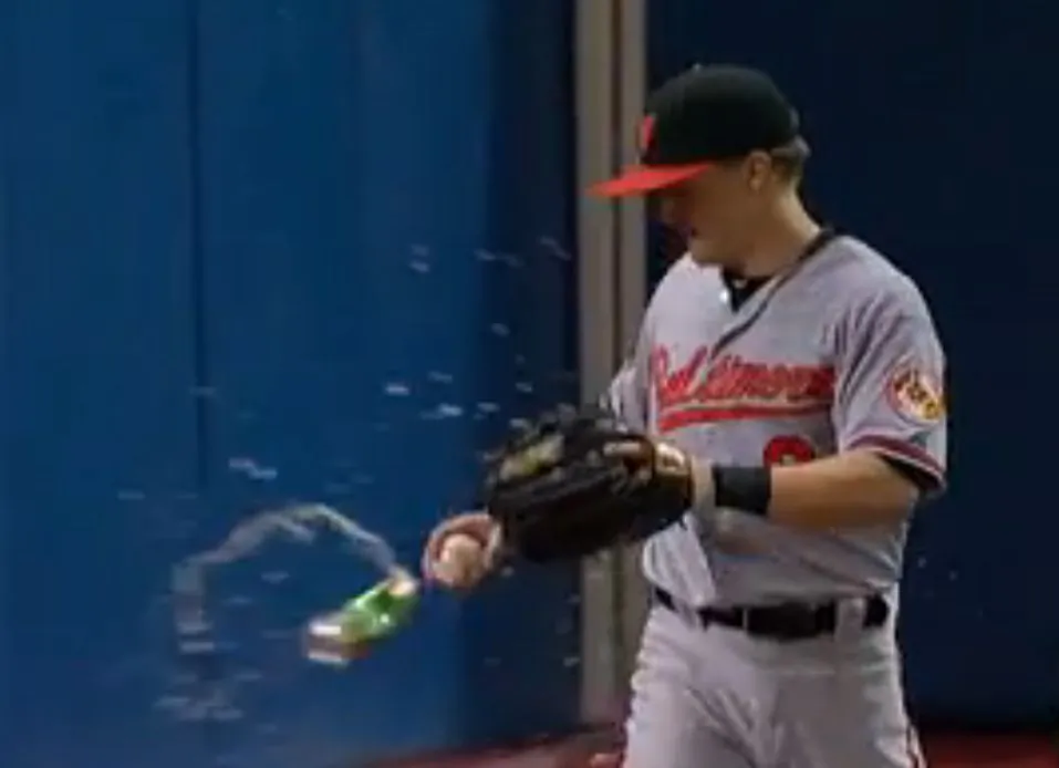 A screenshot of MLB.com shows the purported beer thrown at Nate McClouth.