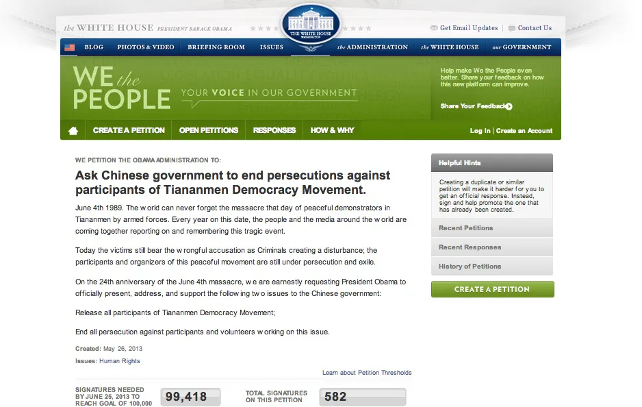 A petition was posted on the website of the White House, asking that the U.S. government attempt to have the Chinese regime stop persecuting those involved in the 1989 democracy protests. (Screenshot via The Epoch Times)