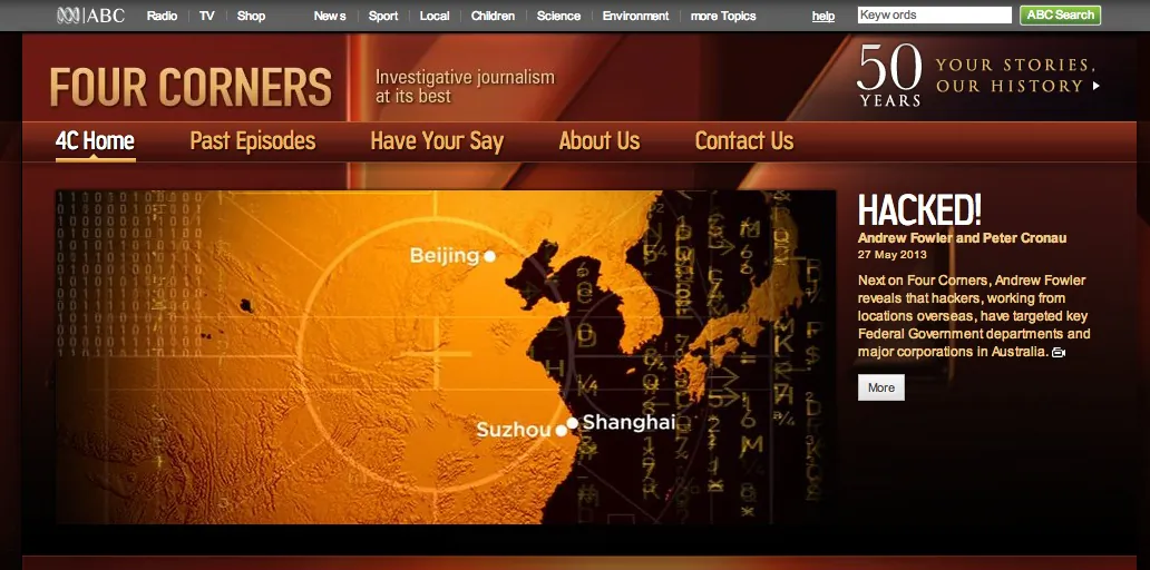 A screenshot from ABC's website showing the Four Corners investigative program about classified information reportedly stolen by Chinese hackers from government and businesses in Australia. (Screenshot via The Epoch Times)