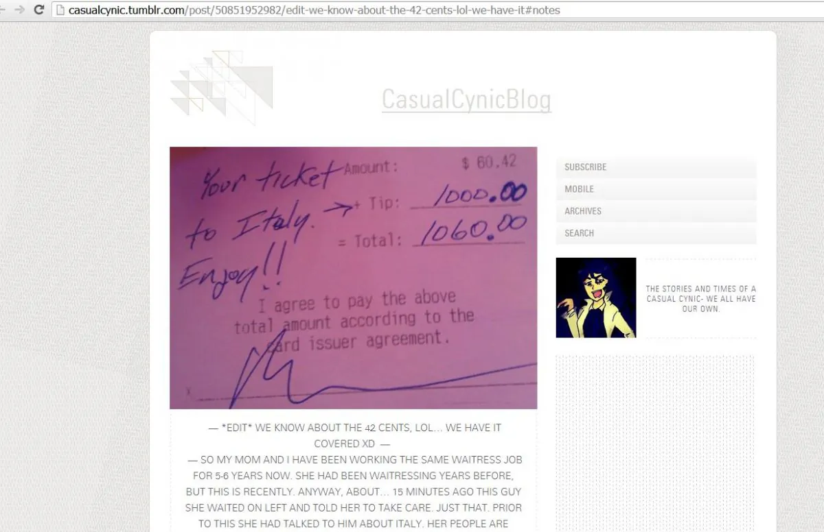 A screenshot of the "Casual Cynic" Tumblr page shows the receipt.