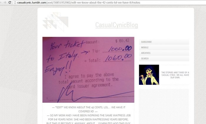A screenshot of the "Casual Cynic" Tumblr page shows the receipt.