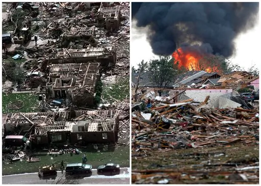 Left, a neighborhood in Moore, Okla., in ruins on Tuesday, May 4, 1999, after a tornado flattened many houses and buildings in central Oklahoma, and right, flattened houses in Moore on Monday, May 20, 2013. Monday's powerful tornado in suburban Oklahoma City loosely followed the path of a killer twister that slammed the region in May 1999. (AP Photo)