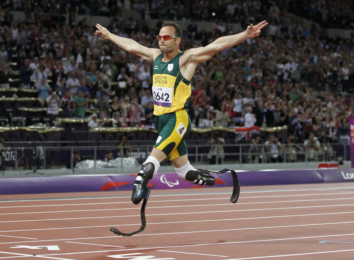 South Africa's Oscar Pistorius crosses the line to win gold in the men's 400m - T44 final during the athletics competition at the London 2012 Paralympic Games at the Olympic Stadium in east London on September 8, 2012. (Ian Kington/AFP/Getty Images)