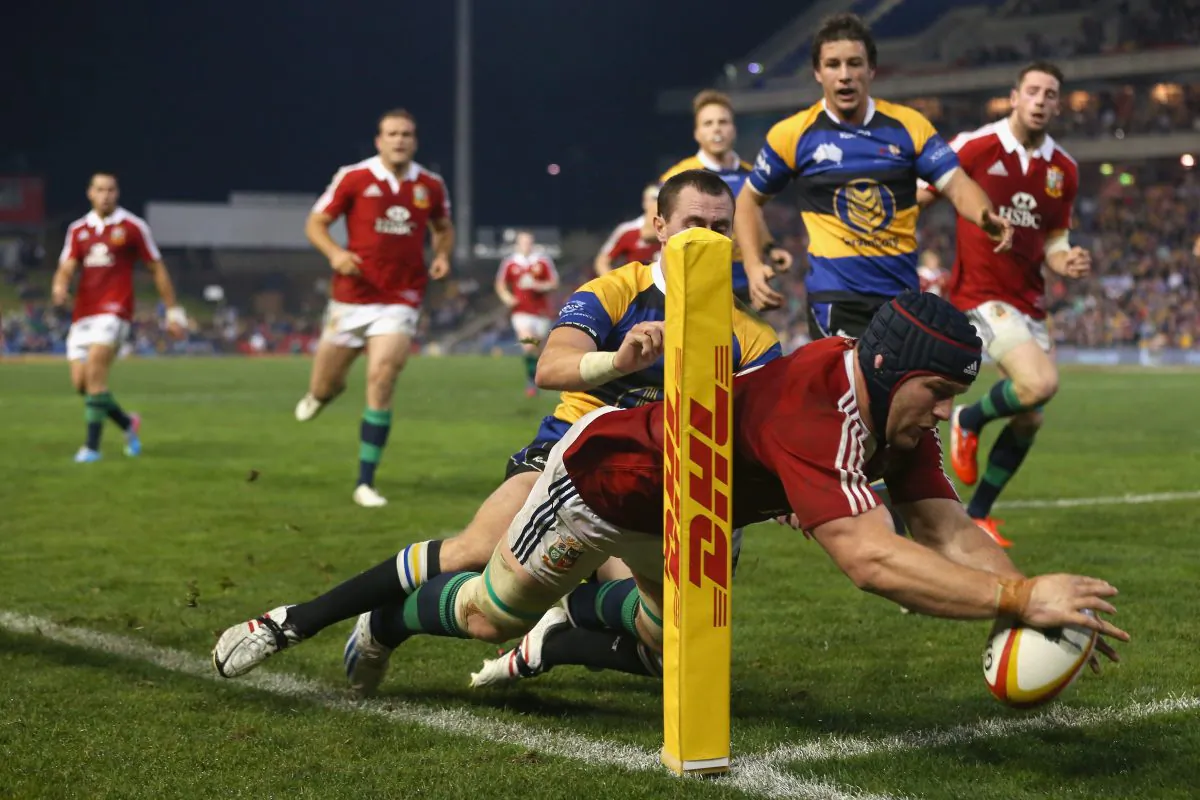 Game 3 of the Australian Lions Tour ... Sean O’Brien of the British and Irish Lions is tackled into touch during the match between Combined MSW-QLD Country and the British & Irish Lions at Hunter Stadium on June 11, in Newcastle, Australia. The Lions won 64-nil. (Mark Kolbe/Getty Images)