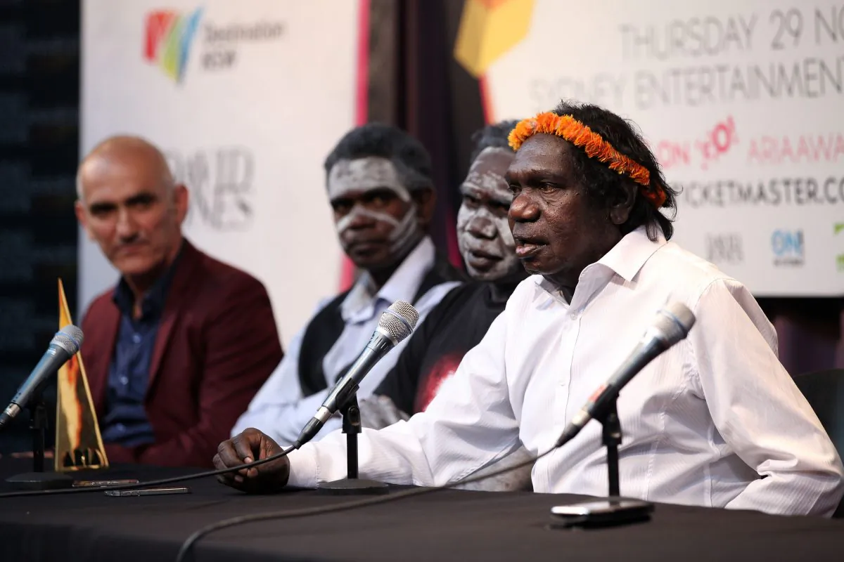 Mandawuy Yunupingu of Yothu Yindi speaks to the media after being inducted into the ARIA Hall of Fame at the 26th Annual ARIA Awards 2012 at the Sydney Entertainment Centre on Nov. 29, 2012 in Sydney, Australia. (Caroline McCredie/Getty Images)