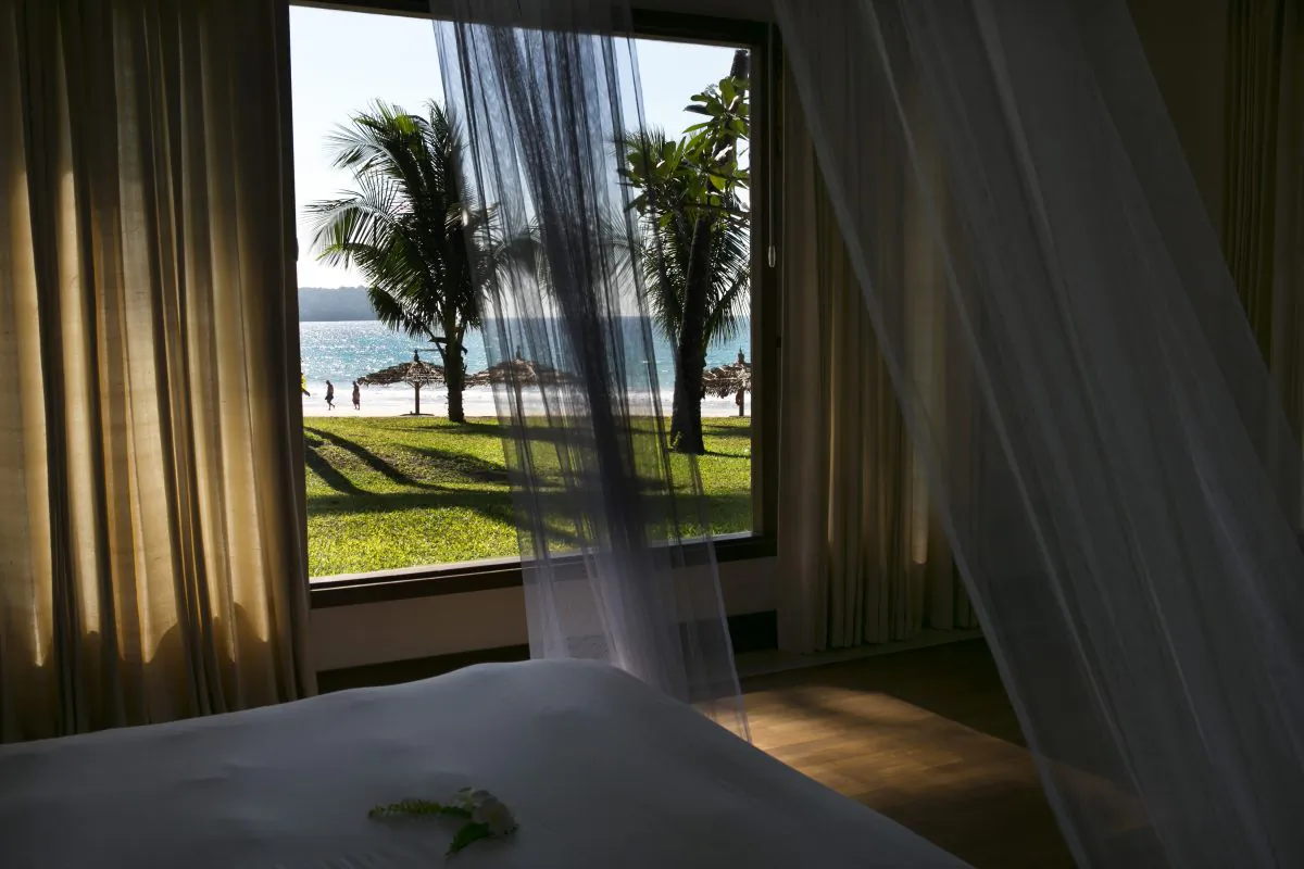 A view of the beach from a beachfront deluxe bungalow at Ngapali Bay resort in Burma, aka Myanmar, on Nov. 28, 2012.  (Paula Bronstein/Getty Images)