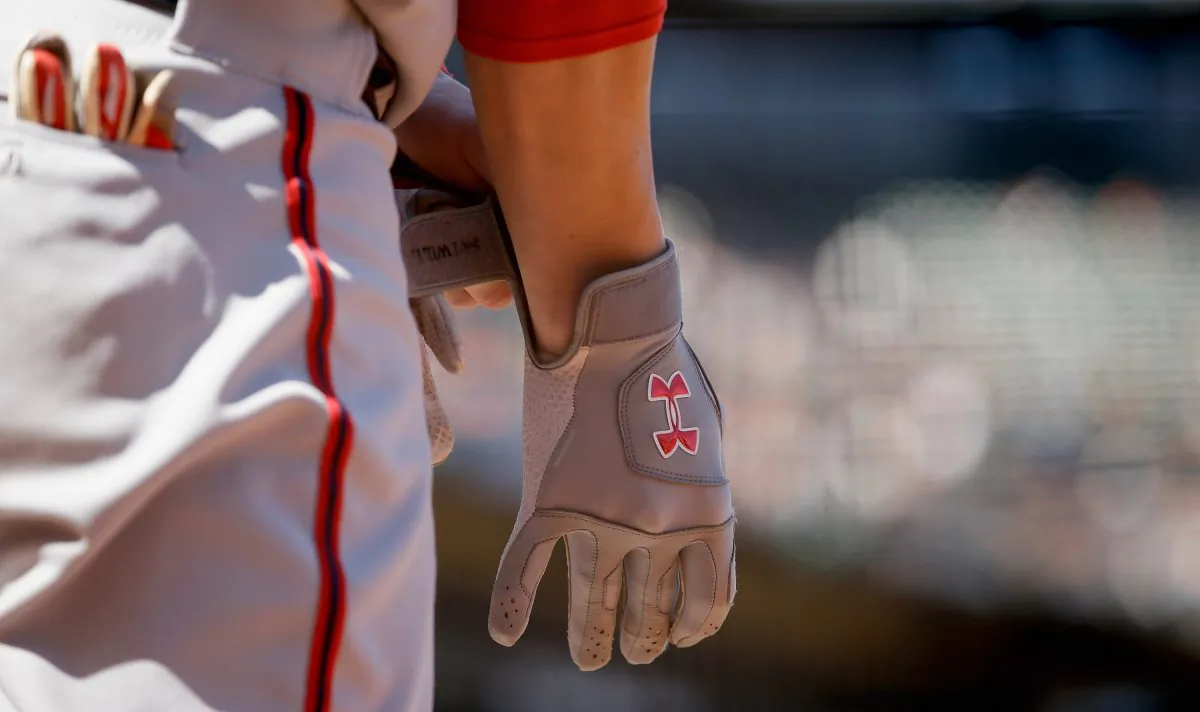 A detail shot of the Under Armour batting gloves worn by Bryce Harper #34 of the Washington Nationals during a May 22 game. Under Armour announced on May 5 an aggressive international growth plan, including an expectation of more than doubling revenue by 2016. (Ezra Shaw/Getty Images)