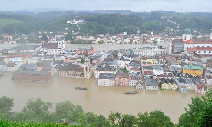 This June 3, 2013, picture shows the flooded historic city center of Passau, Germany. Heavy rains were pouring down southern and eastern Germany, causing wide-spread flooding. (Lennart Preiss/Getty Images)