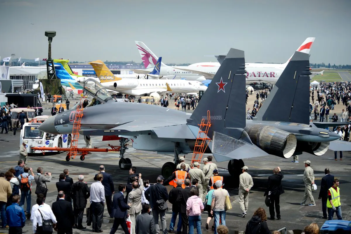 A Sukhoi 35 fighter jet is on display on Le Bourget airport on June 17, 2013 on the opening day of the International Paris Air show. (ERIC FEFERBERG/AFP/Getty Images)