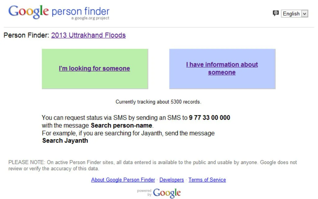  A screenshot of the Person Finder application launched by Google to offer information aboutpeople missing in the Uttrakhand Himalayan floods. (Epoch Times)