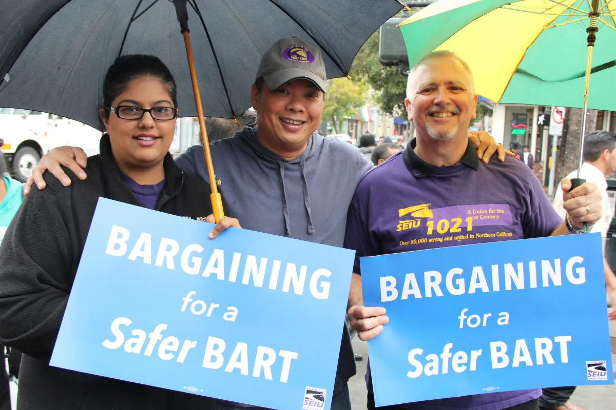 Members of Service Employees International Union Local 1021 attend a rally at the Bay Area Rapid Transit 24th St. Mission Station in San Francisco, Calif., June 25, 2013. Local 1021 members have stressed worker safety as a key demand in the ongoing contract negotiations with BART management.
(Christian Watjen/Epoch Times)