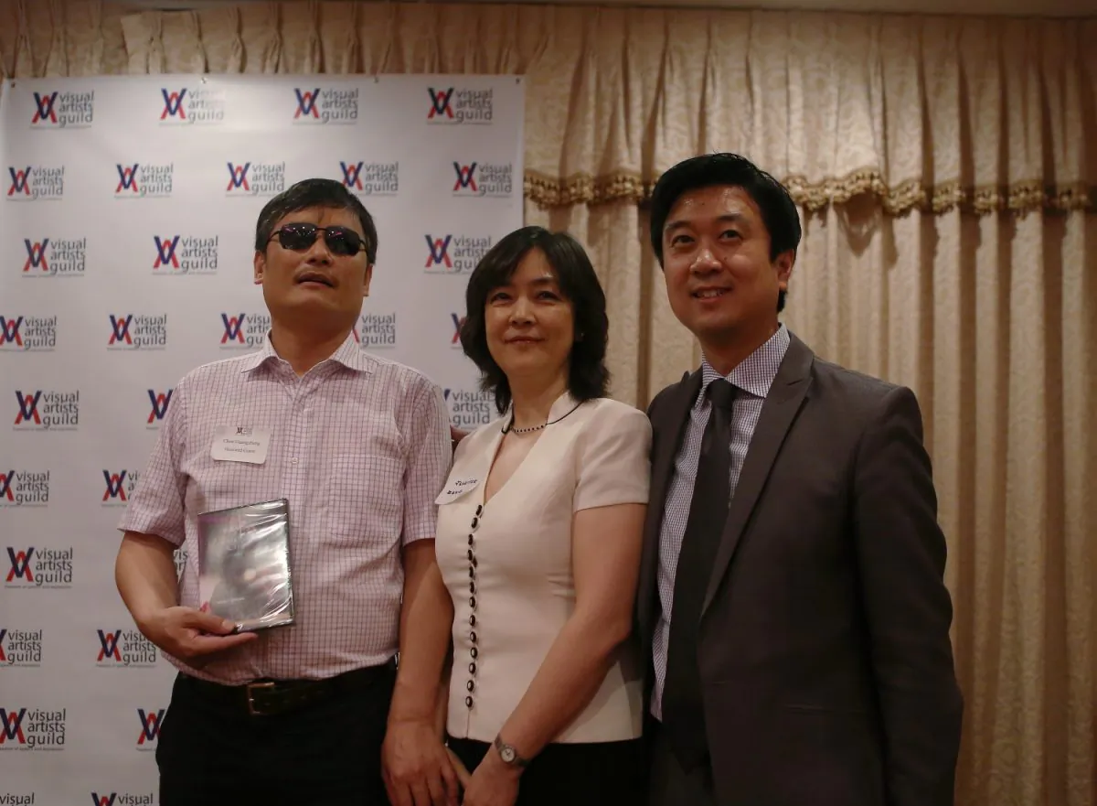Chen Guangchen, Rights Lawyer; Jennifer Zeng, author of "Witnessing History: One Woman’s Fight for Freedom and Falun Gong"; Kean Wong, Producer of "Free China: The Courage to Believe" at Visual Artist Guild NYC Freedom of Speech Award Ceremony, June 1st, 2013. (Gary Du/The Epoch Times)