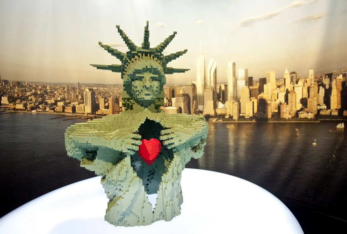 Monumental, an interpretation of the Statue of Liberty in LEGO® by New York-based artist Nathan Sawaya at Discovery Times Square in New York, June 14, 2013.