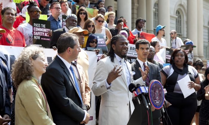 Council Member Jumaane D. Williams speaks in support of the Community Safety Act Bill on the City Hall steps, June 24, 2013. The bill was passed by City Council in a historic vote June 27, 2013. (Samira Bouaou/Epoch Times)