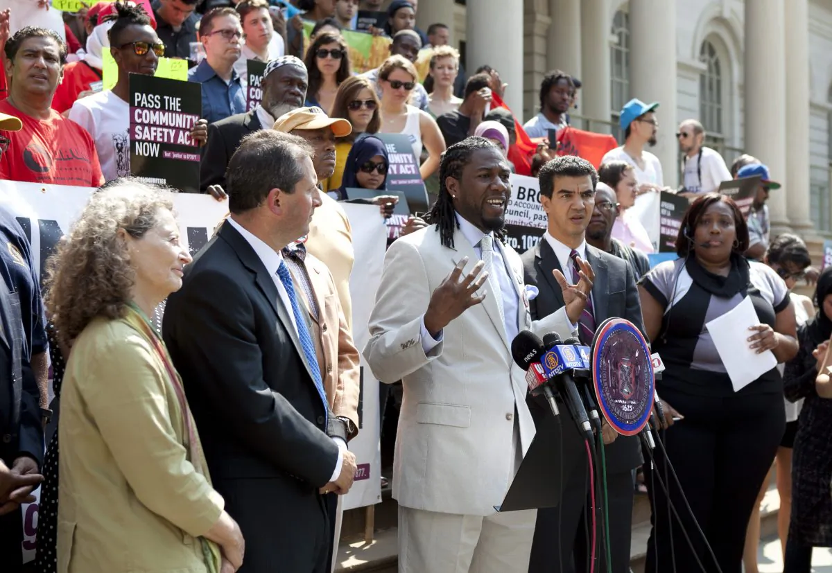 Council Member Jumaane D. Williams speaks on the City Hall steps, June 24, 2013, in support of bills seeking to reduce racial profiling and establish inspector general oversight of the NYPD. (Samira Bouaou/Epoch Times)