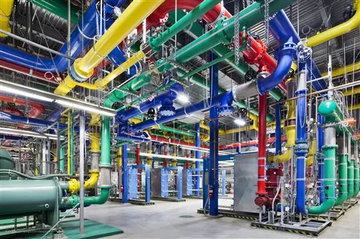 Colorful pipes send and receive water for cooling Google's data center in The Dalles, Ore., in this undated photo from Google. (AP Photo/Google, Connie Zhou)