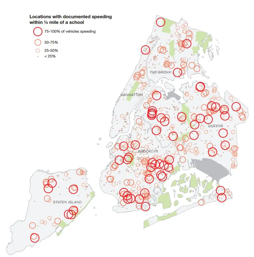 NYC hopes new cameras will deter speeding outside public schools. This Department of Transportation map shows that dozens of school zones have major speeding problems. (Courtesy nyc.gov)