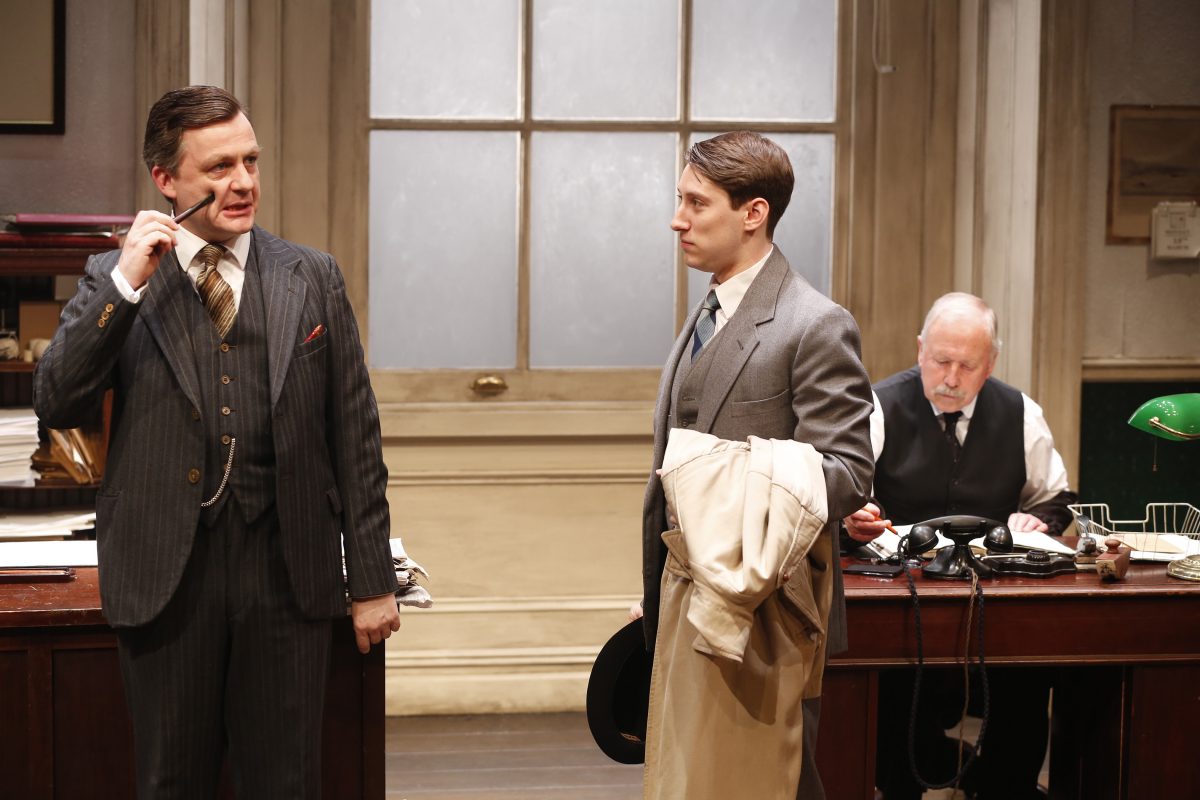 (L–R): Alan Cox, David Ellis, and Col Farrell in J.B. Priestley’s “Cornelius,” represent a worker at three stages of life. (Carol Rosegg)