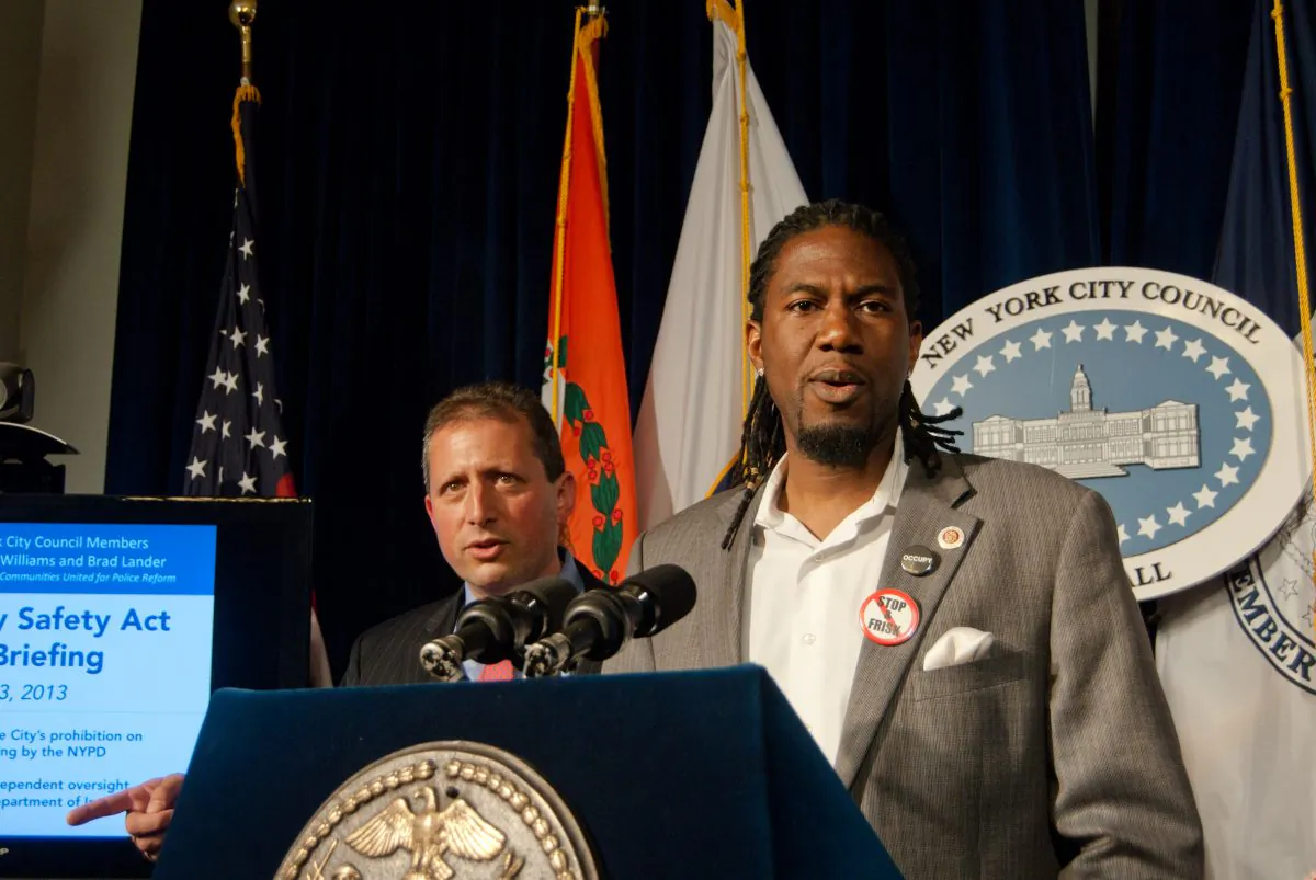Council members Jumaane Williams (D-Brooklyn) and Brad Lander (D-Brooklyn) introduce updated legislation to create oversight and reduce racial profiling around stop and frisk, during a June 11 press conference at City Hall in Manhattan. (Joshua Philipp/The Epoch Times)