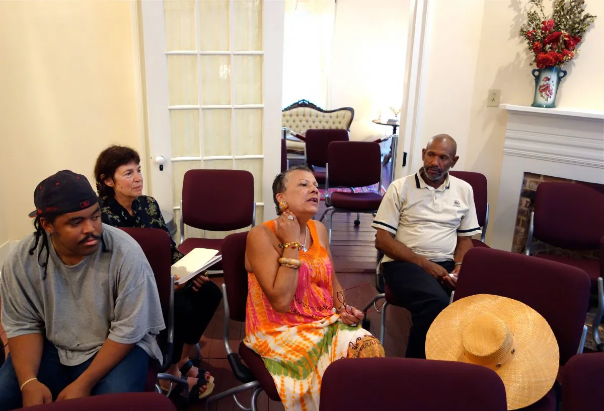 (L-R) Adrian Harper, Susan Goldin, Evangeline Woods, and William Akbar at the Sallie Ellis Davis House on June 4. (Mary Silver/The Epoch Times)