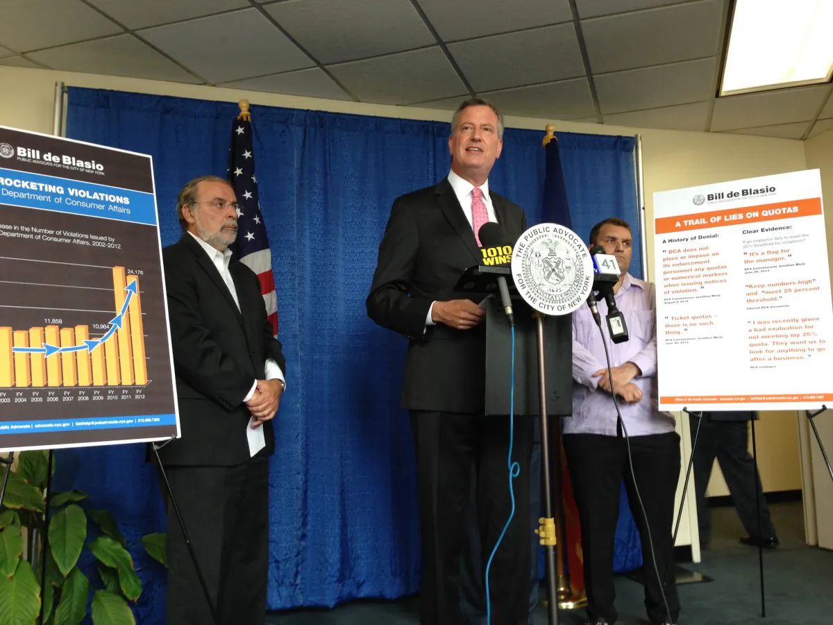 Bill de Blasio, New York City public advocate, speaks at a press conference in his office at 1 Centre Street in Lower Manhattan on June 25, 2013. De Blasio called for the resignation of Jonathan Mintz, the commissioner of the Department of Consumer Affairs. De Blasio's call is based solely on news reports. (Ivan Pentchoukov/Epoch Times)