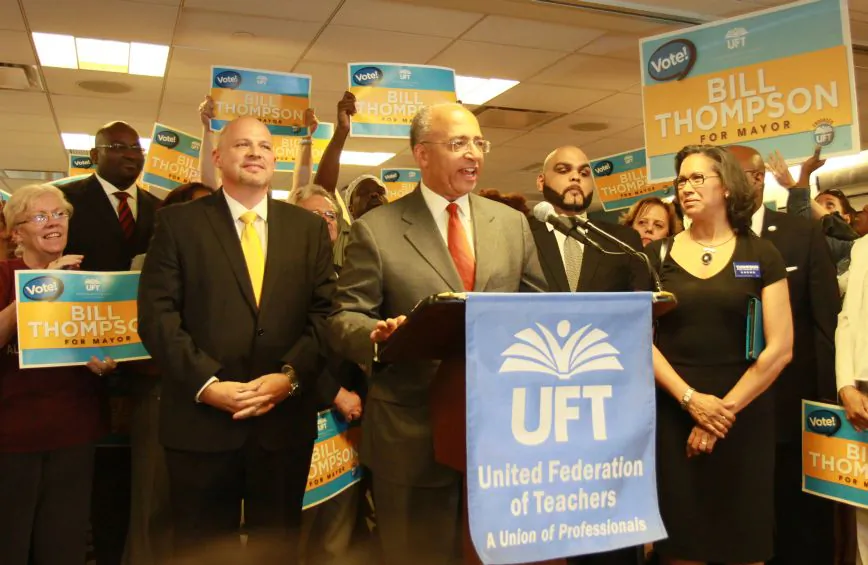 Bill Thompson speaks at the United Federation of Teachers' headquarters in Manhattan on July 19, after the union endorsed him for mayor of New York City. (Ivan Pentchoukov/Epoch Times Staff)