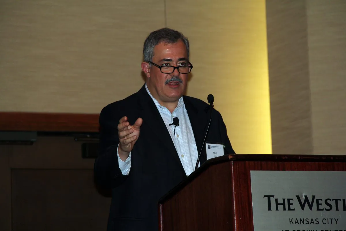 Milo Medin, Google Fiber's Vice President of Access Services, speaks at Fiber to The Home Council Conference in Kansas City on May 29. (Shar Adams/The Epoch Times)