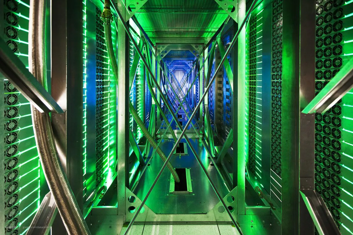 In this undated photo made available by Google, hundreds of fans funnel hot air from the computer servers into a cooling unit to be recirculated at a Google data center in Mayes County. Okla. (Google, Connie Zhou/AP Photo)