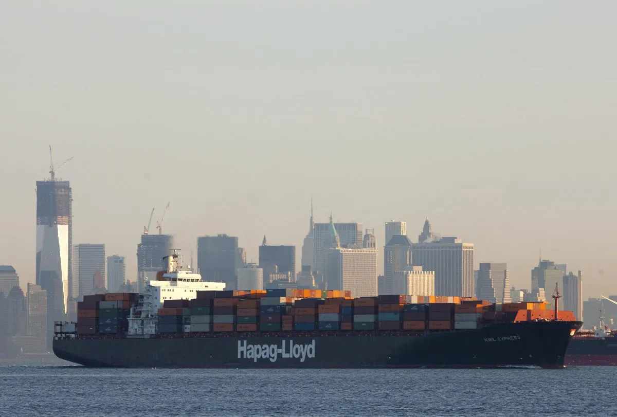 A file photo of a cargo ship crossing a New York Harbor on Feb. 4, 2012. Barriers in the export process may be stifling business in New York. (AP Photo/Mark Lennihan)