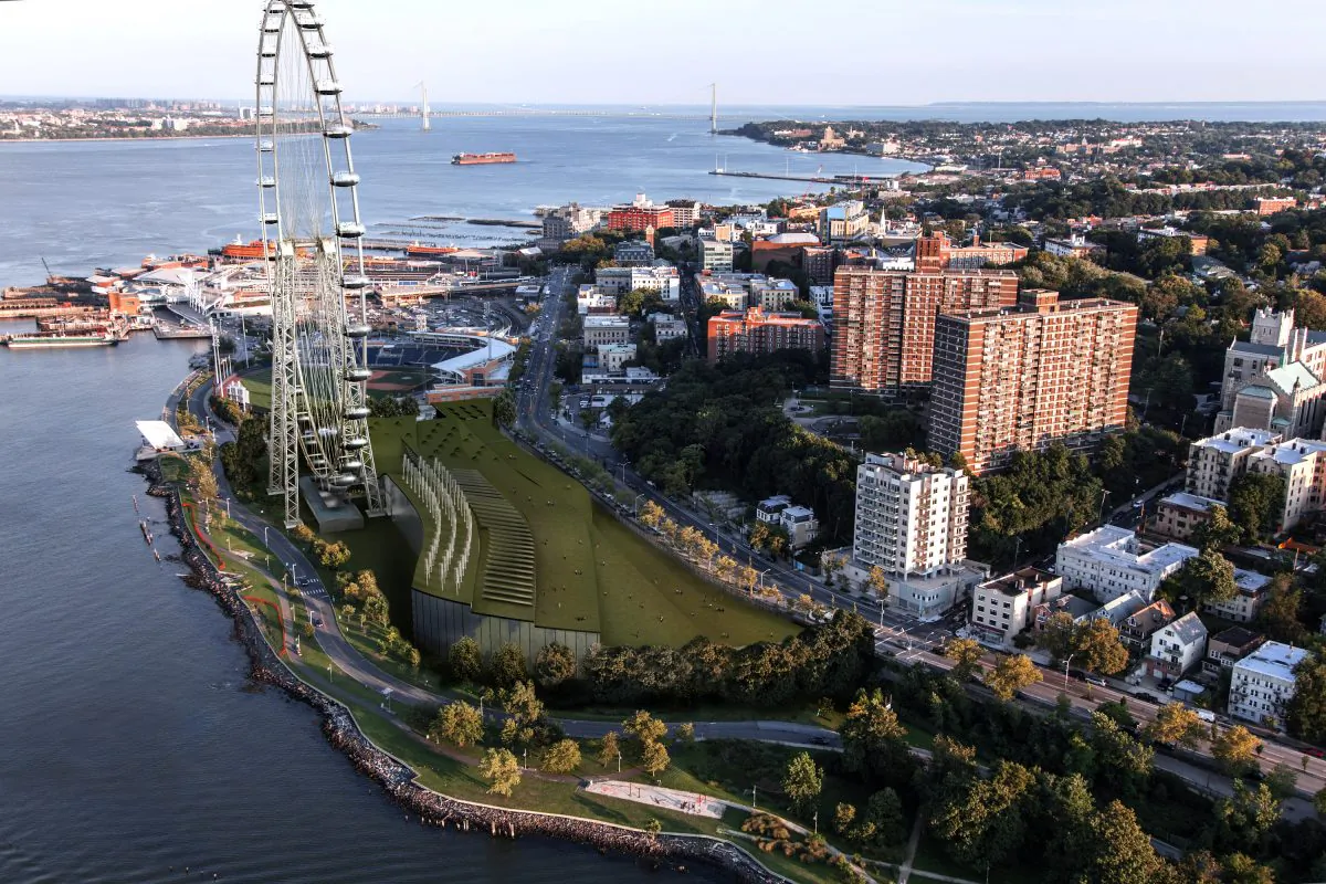 A rendering of the New York Wheel, billed as the world's largest Ferris wheel, along with a new retail complex and hotel on Staten Island, New York. (Courtesy of Mayor Michael Bloomberg’s Office)