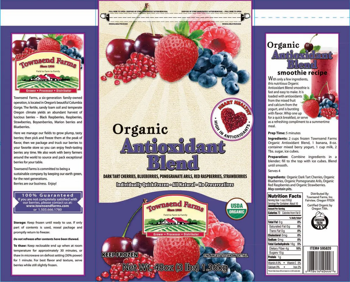 This handout image provided by the Food and Drug Administration shows the label of Townsend Farms of Fairview, Ore., Organic Antioxidant Blend. The Oregon company is recalling a frozen berry mix sold to Costco and Harris Teeter stores after the product was linked to at least 34 hepatitis A illnesses in five states. (AP/FDA)