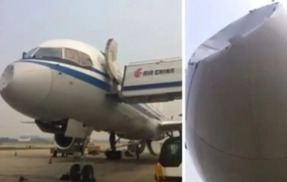 A YouTube screenshot shows the apparently dented plane.