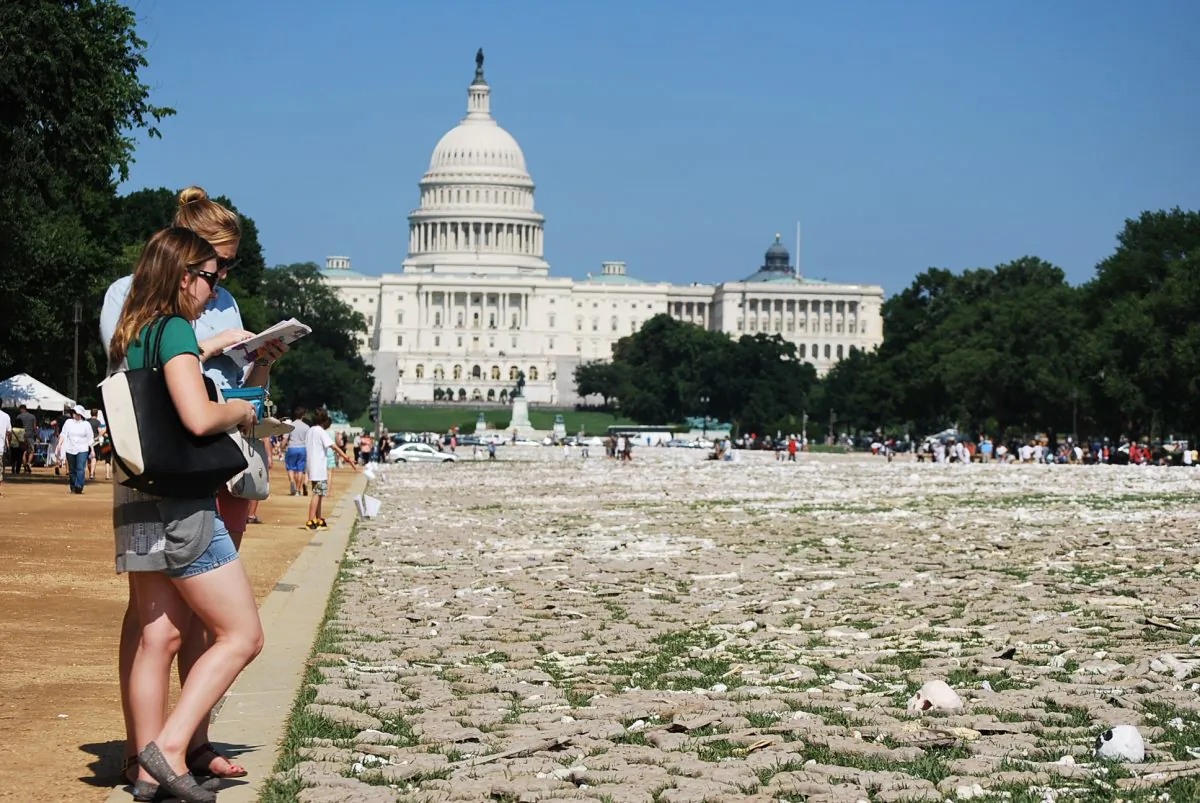 People stop to look at the 1 million handcrafted human bones meant to raise awareness of genocide and mass atrocities in Africa on the National Mall in Washington, D.C. (Ron Dory/Epoch Times)