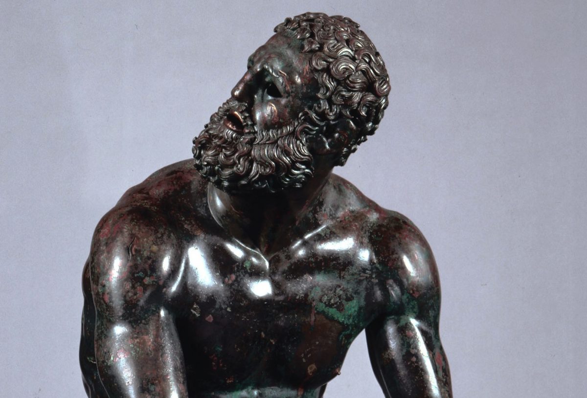 “Boxer at Rest,” Greek, Hellenistic period, late 4th–2nd century B.C.
Bronze with copper inlays, H. 50 3/8 in. (Museo Nazionale Romano) 