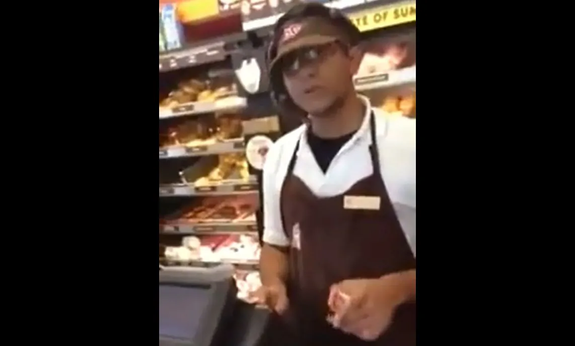 A screenshot of YouTube shows one of the Dunkin' Donuts employees in the video.
