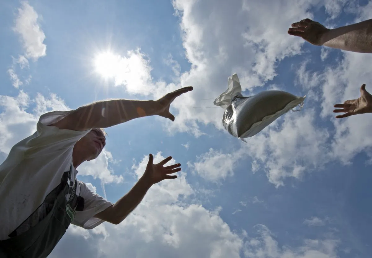 Soldiers of the German army Bundeswehr and residents throw sandbags for securing the dike in the enclosed village Kreinitz near Riesa, eastern Germany, June 7, 2013. Heavy rainfalls in the past days cause flooding along rivers and lakes in Germany, Austria, Switzerland the Czech Republic and Hungary. (AP Photo/Jens Meyer)