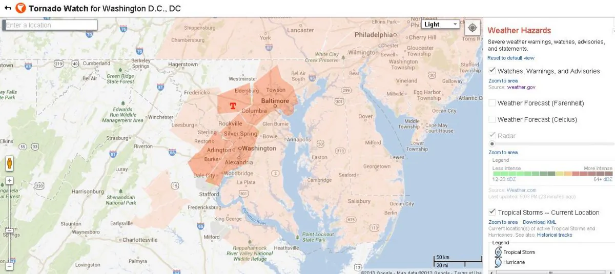 A tornado watch issued by the National Weather Service for Washington D.C. on June 10, as of now through 10 p.m. EDT. (Screenshot/Google Public Alerts)