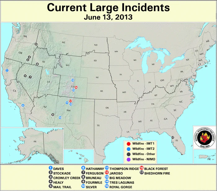 Current large fire incidents across the United States on June 13. (USDA Forest Service)